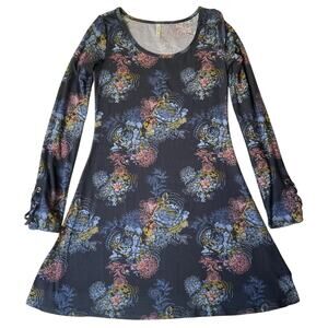 Mudd Women Dress XS Navy Floral A-Line Button Long Sleeve Knee Length Stretch